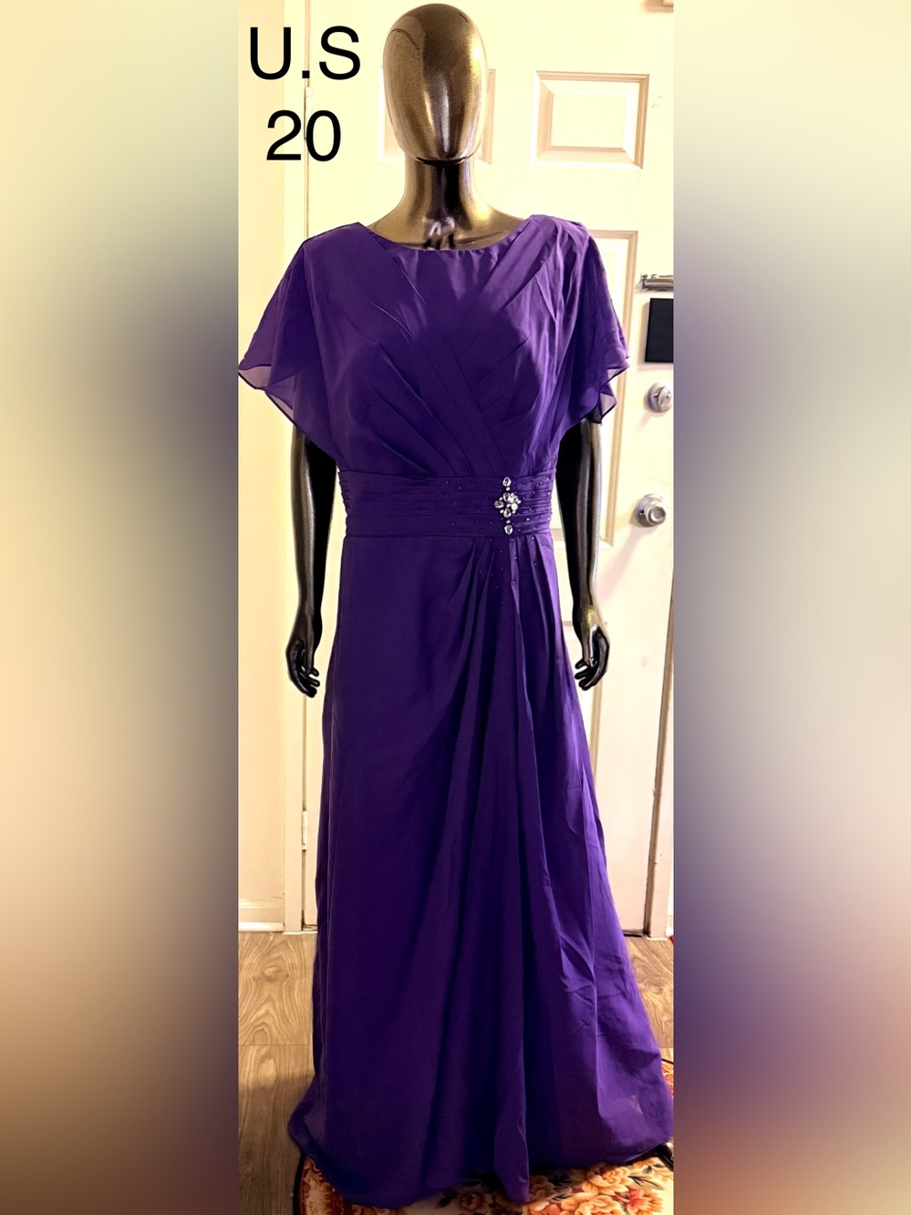 Classic Purple Maxi Dress with Embellished Waist - Size US 20